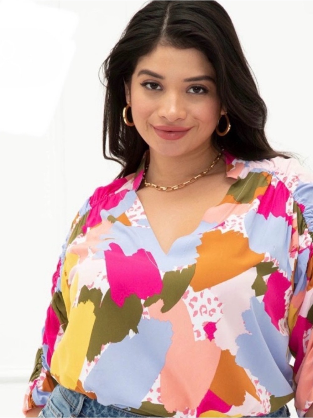 ELOQUII Elements Colorful Abstract Print Top Ruched Sleeves Women's Size 16